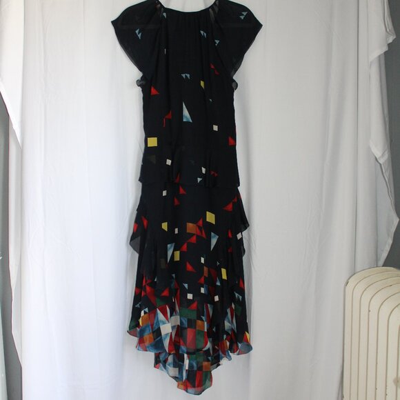 Joie NWT 100% Silk Navy Colorful Layered Cocktail Midi Dress Sheer Ruffles 8 M - Picture 10 of 13